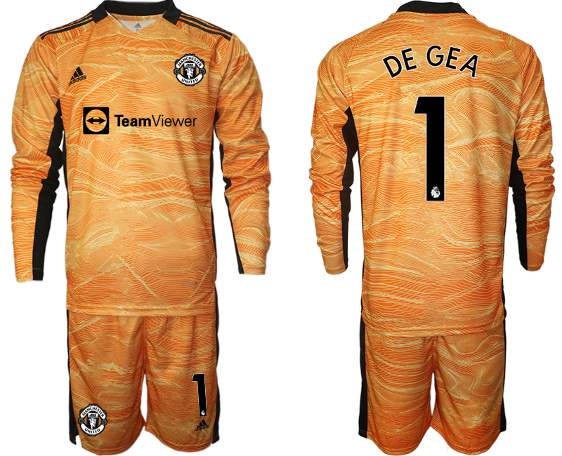 Men 2021-2022 Club Manchester United orange yellow goalkeeper Long Sleeve #1 Soccer Jersey->manchester united jersey->Soccer Club Jersey